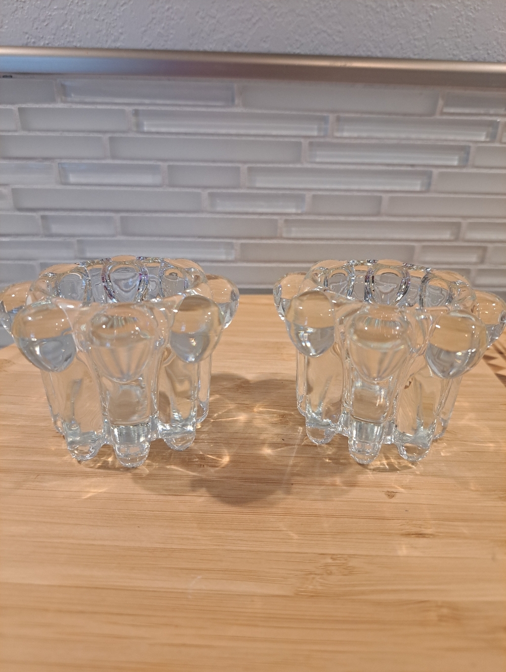 Vtg REIMS France 2 Clear Glass Candle Sticks Tea Light Candle Holders MCM